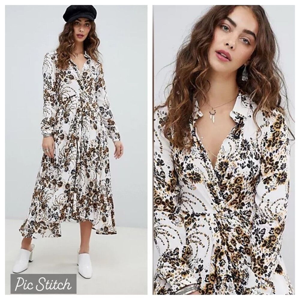 EUC Free People White and Brown Floral Maxi Dress